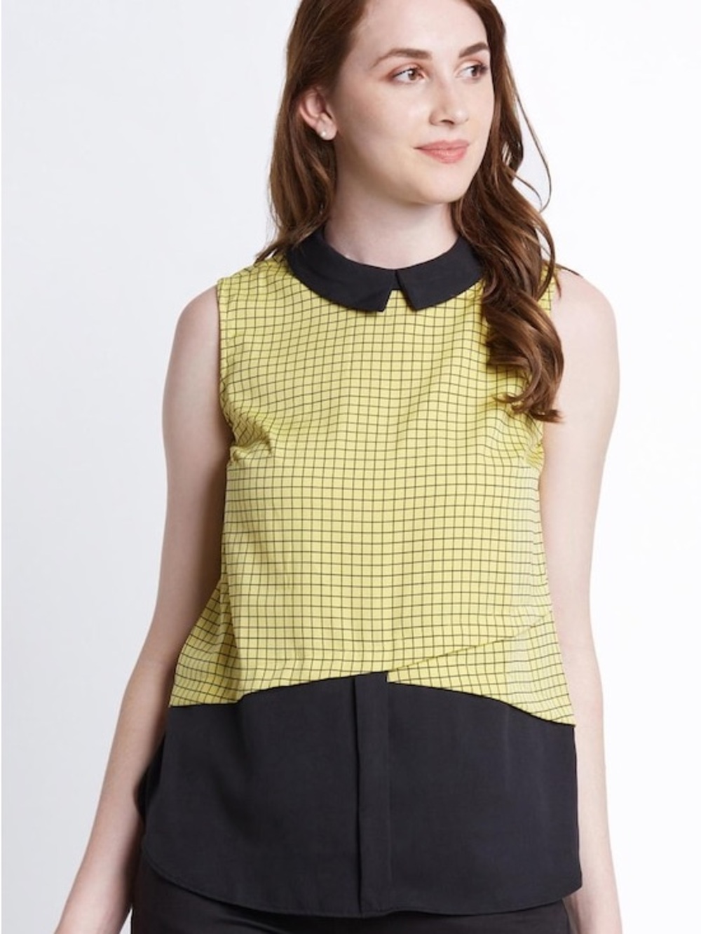 Annabelle Yellow Checked Formal Sleeveless Regular Fit Top. Size: Small